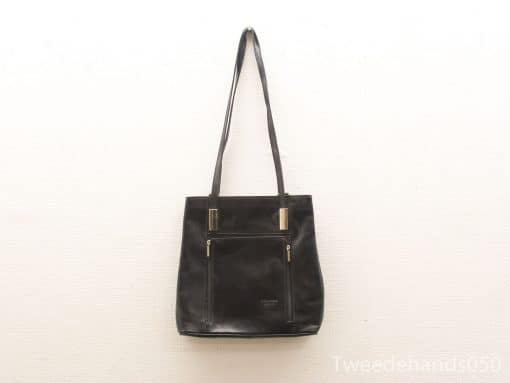 Sleek black synthetic leather handbag with zipper, perfect for work or casual outings.
