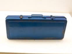 Vintage blue metal toolbox with practical design, perfect for storing tools and equipment.