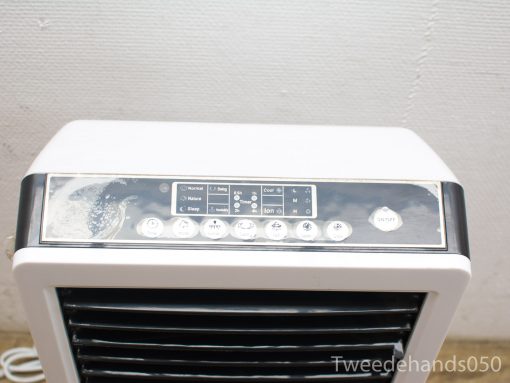 Sleek white portable air conditioner with digital display and multiple cooling settings.