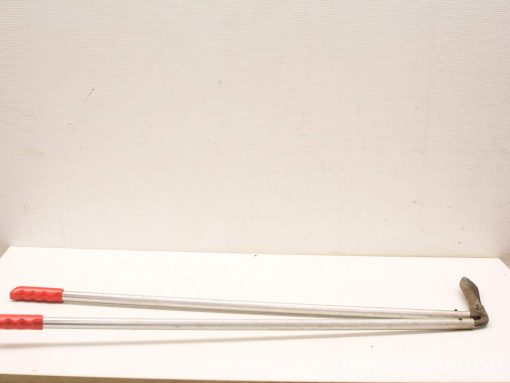 Lightweight aluminum crutches with red grips for mobility support and comfort.
