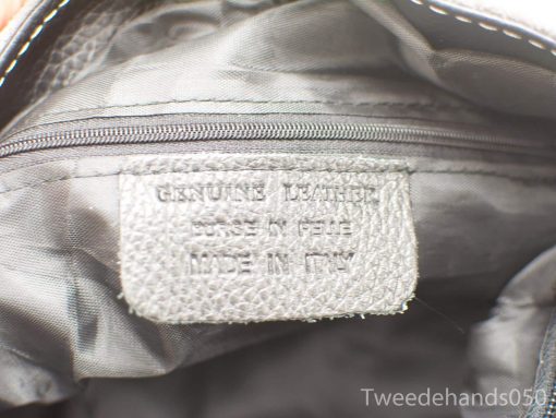 Elegant gray Italian leather bag with premium quality craftsmanship and genuine leather tag.