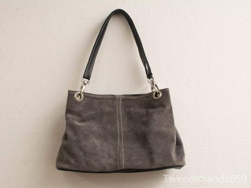 Elegant gray suede handbag with black leather handle, perfect for casual or semi-formal occasions.