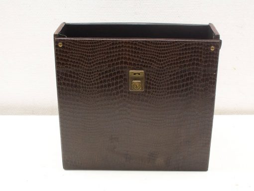 Stylish dark brown crocodile-textured organizer box with vintage lock and golden rivets.
