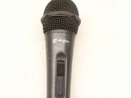 Skytec handheld microphone, sleek design, user-friendly switch, ideal for performances and events.