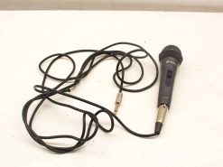 Dynamic microphone with coiled cable, ergonomic grip, and durable design for performers and speakers.