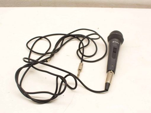 Dynamic microphone with coiled cable, ergonomic grip, and durable design for performers and speakers.