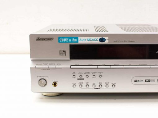 Sleek Pioneer audio receiver, 100W per 6 channels, with automatic calibration and versatile settings.