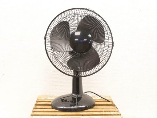 Sleek black pedestal fan with three blades and adjustable speeds for optimal home cooling.