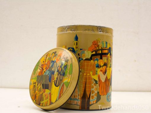 Whimsical vintage tin with festive illustrations, perfect for collectors and home decor.