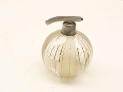 Vintage glass perfume atomizer with green stripes and polished metal nozzle, elegantly designed.