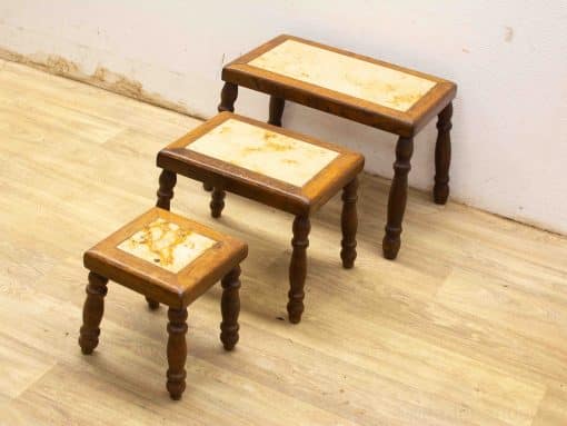 Charming set of 3 vintage wooden stools, perfect for added seating and rustic decor.