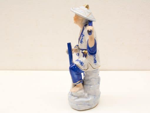 Traditional Asian porcelain figurine with intricate blue and white detailing and serene expression.