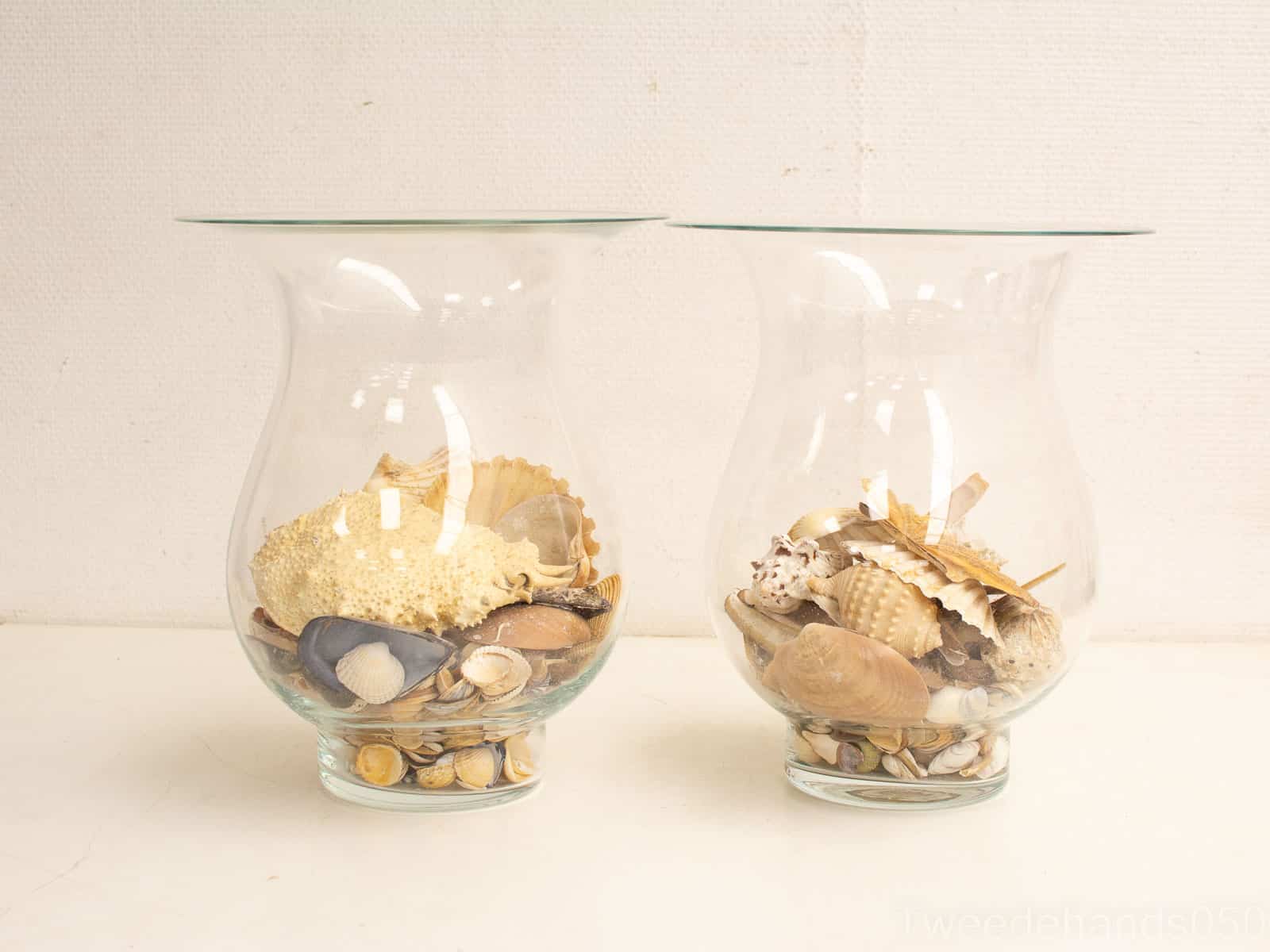 2 glazen vazen met schelpen  25424