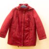 Vintage red quilted jacket with hood, perfect for cold weather and outdoor adventures.