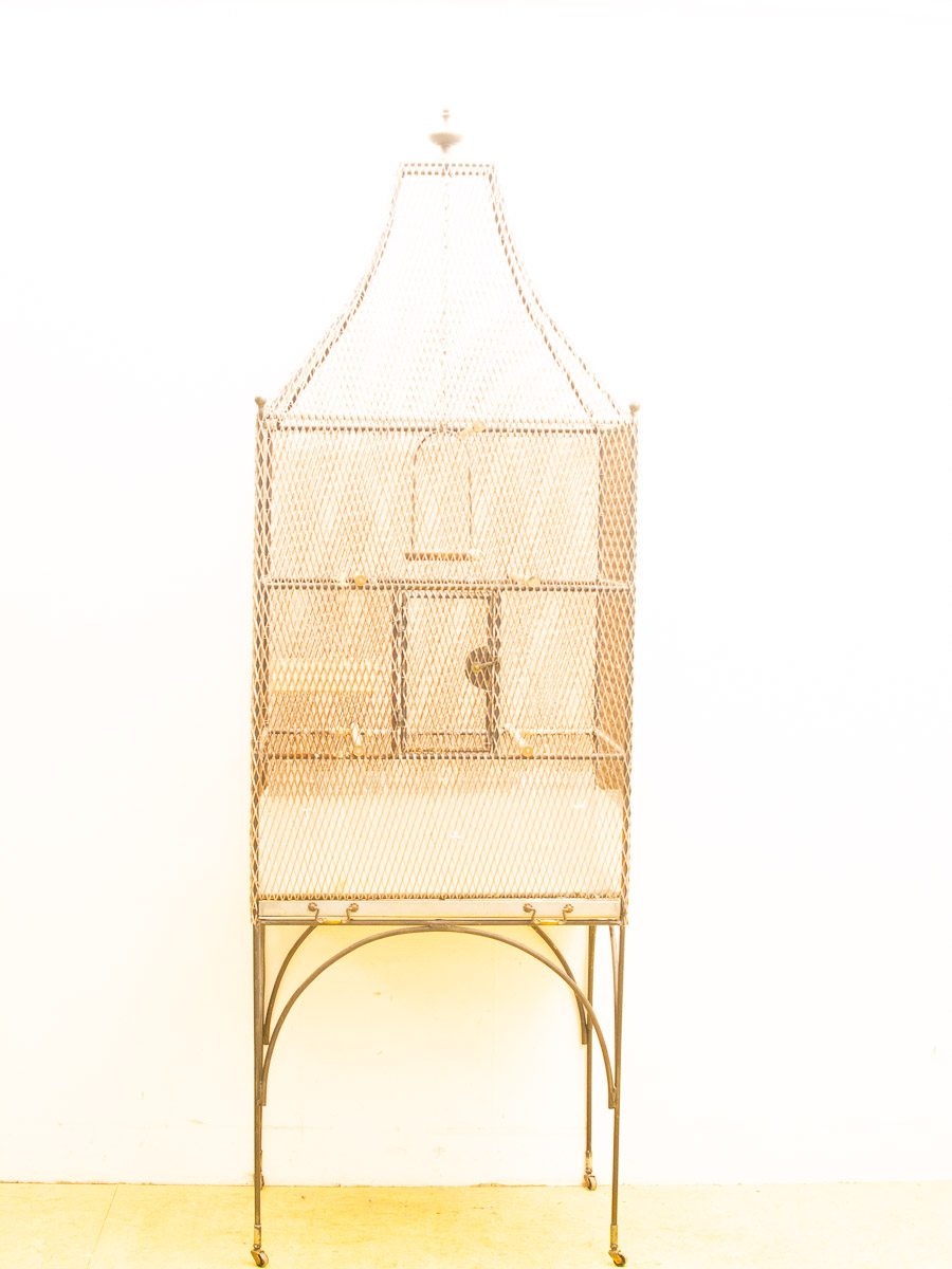 Elegant vintage birdcage on wheeled stand, perfect for decor and bird accommodation.