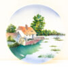 Charming cottage by the water with a rustic wheel, surrounded by serene nature.