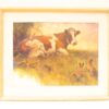Serene scene of a resting cow with playful foxes in a peaceful green field.