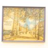 Nostalgic street scene with church steeple, sunlit trees, and leisurely townsfolk, 1965 artwork.