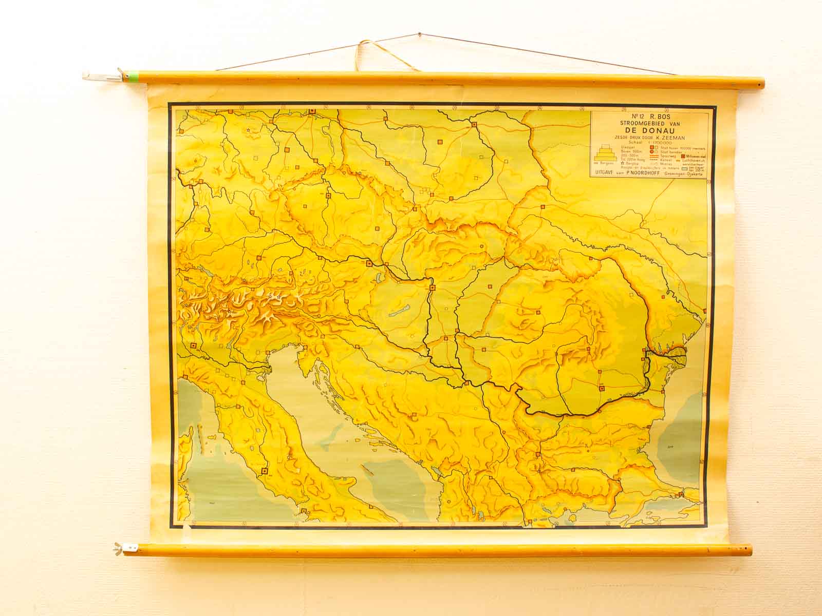 Vintage map of the Danube River, highlighting topography and geographical features in warm yellow tones.