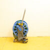 Blue garden hose reel with green hose, ergonomic handle, and mobile gray base for easy use.