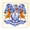 Vibrant heraldic tile with unicorns, justice symbol, and Latin motto on honor and recognition.