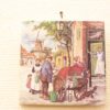 Charming village market scene with friendly villagers, a vendor, and a picturesque windmill.