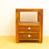 Stylish wooden nightstand with open shelf and drawers, blending modern simplicity and timeless elegance.