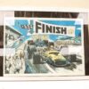 Vibrant vintage racing art featuring a yellow race car and celebrating pit crew at the finish line.