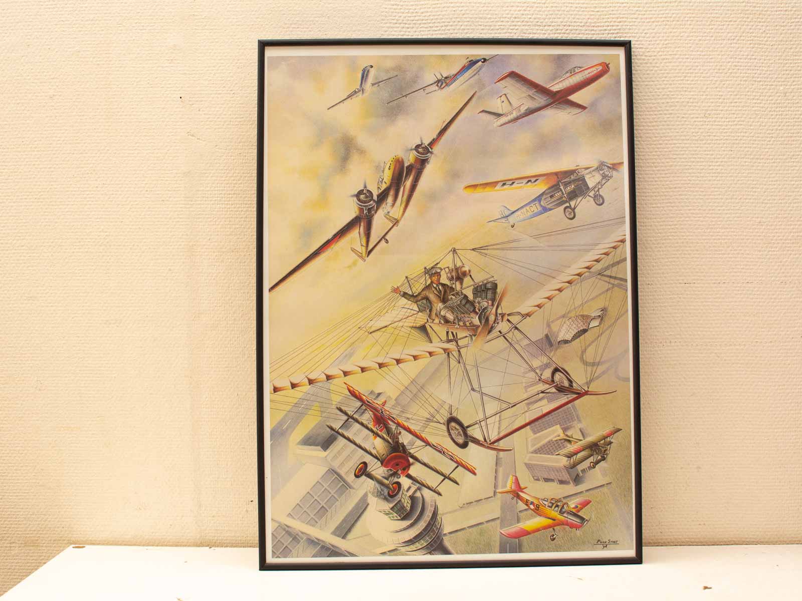 Vibrant illustration of aviation evolution, featuring biplanes to jets in a dreamy sky.