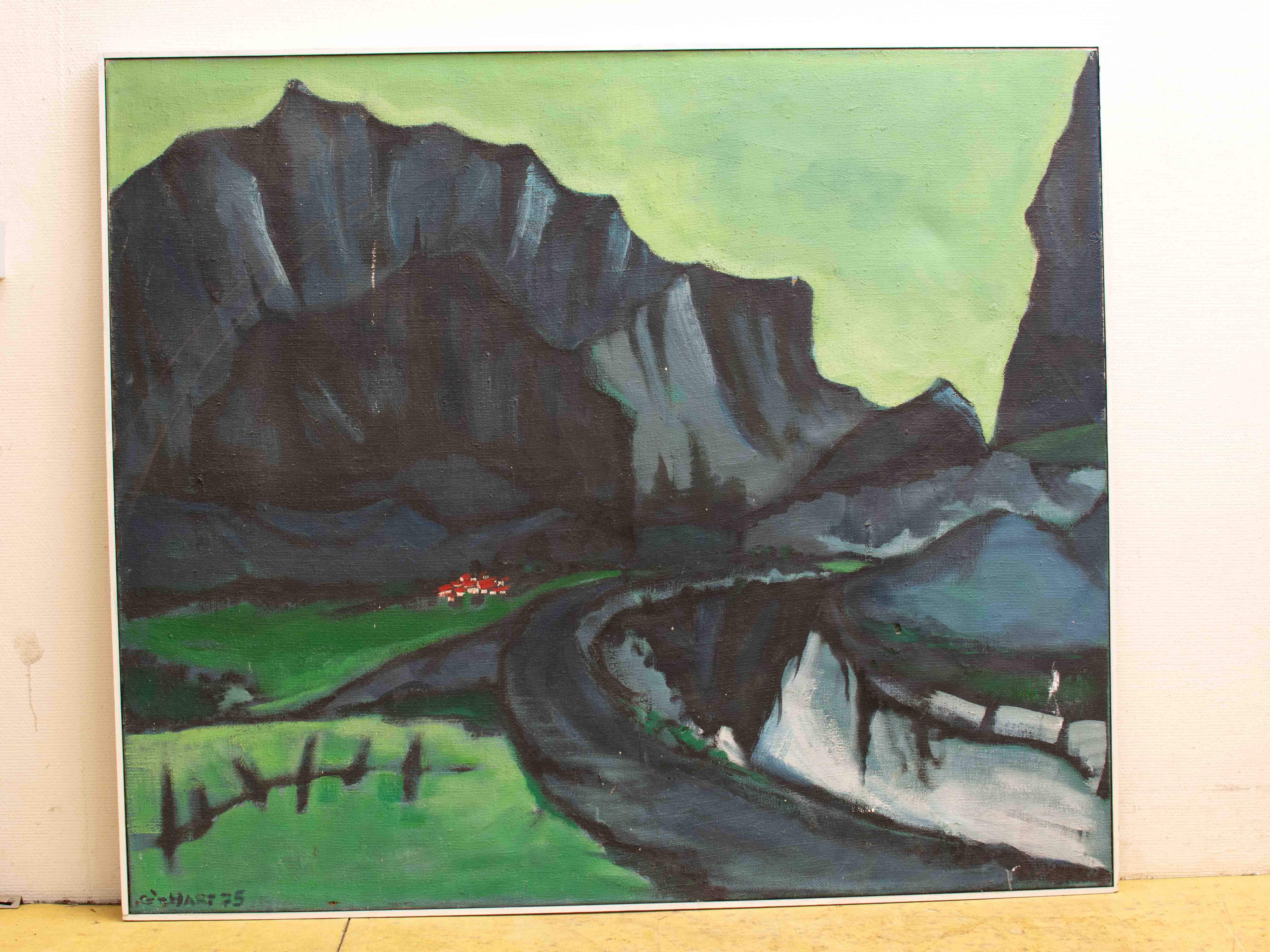 Grote schilderij van een berglandschap 1975 38593