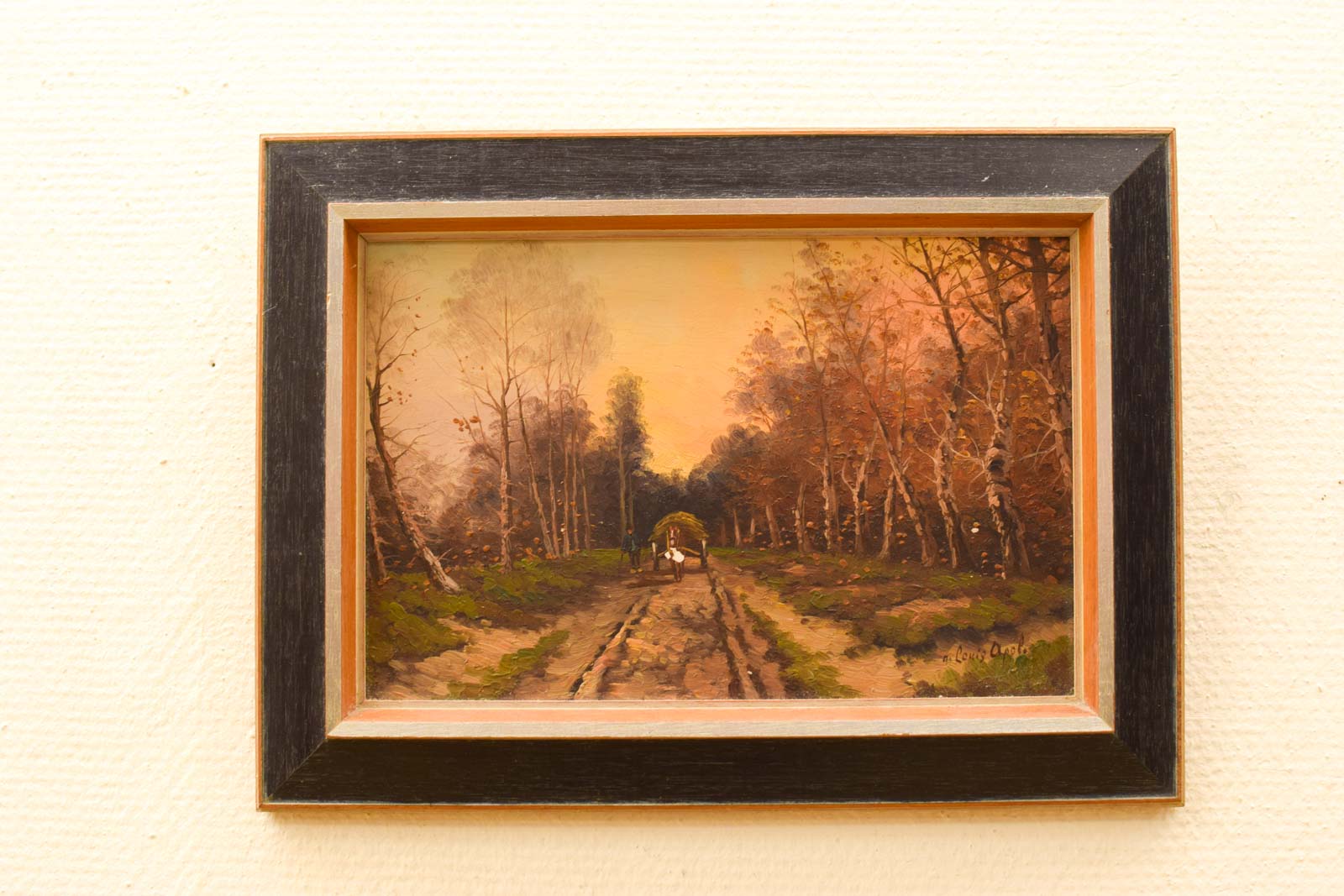 schilderij van een boer met zijn paard en wagen in het bos  48981