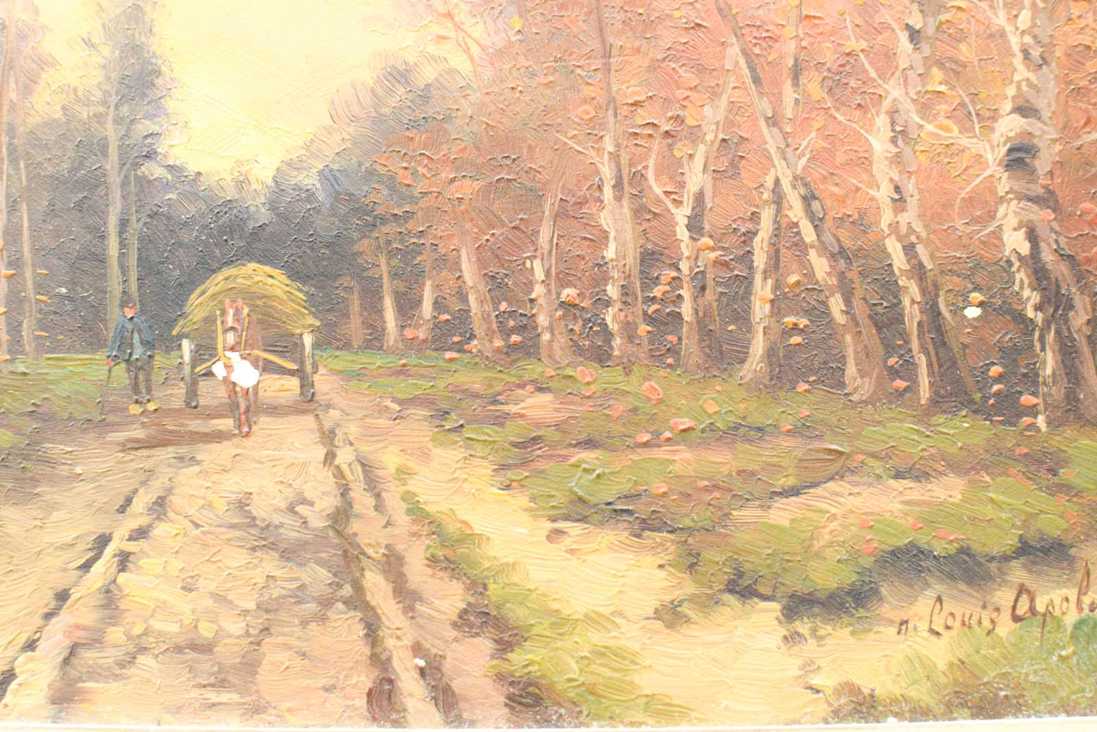 Alternative view of schilderij van een boer met zijn paard en wagen in het bos  48981