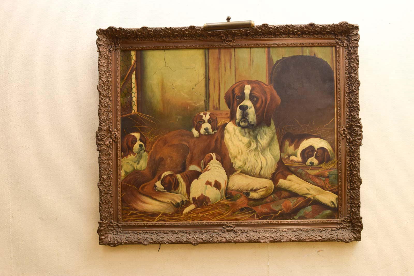 Schilderij met lampje st Bernard met haar puppy's 49106