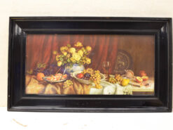 Prent van een tafel met fruit en bloemen vaas met bloemen 49282