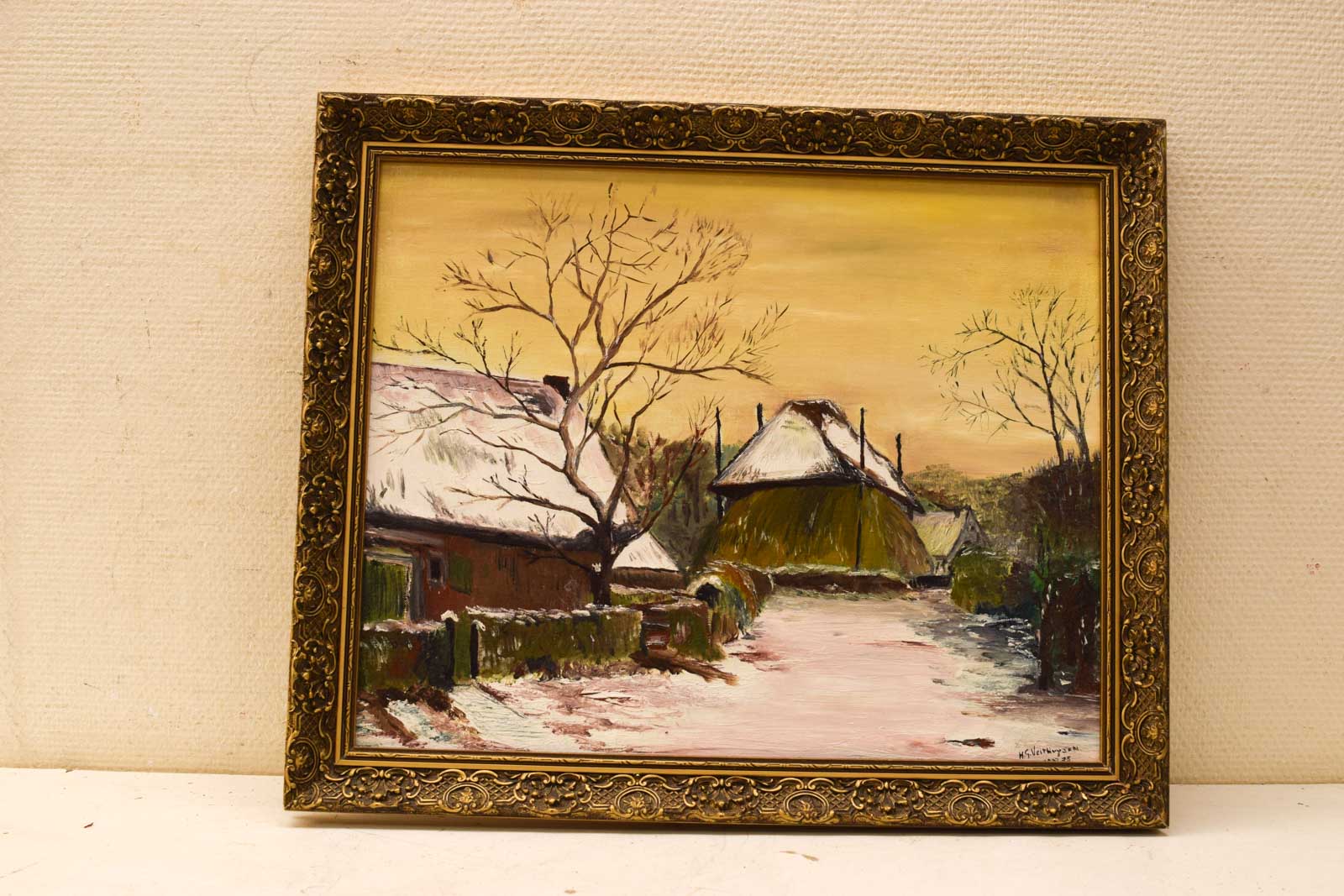 Schilderij van een boerderij en een hooiberg in de winter 49947