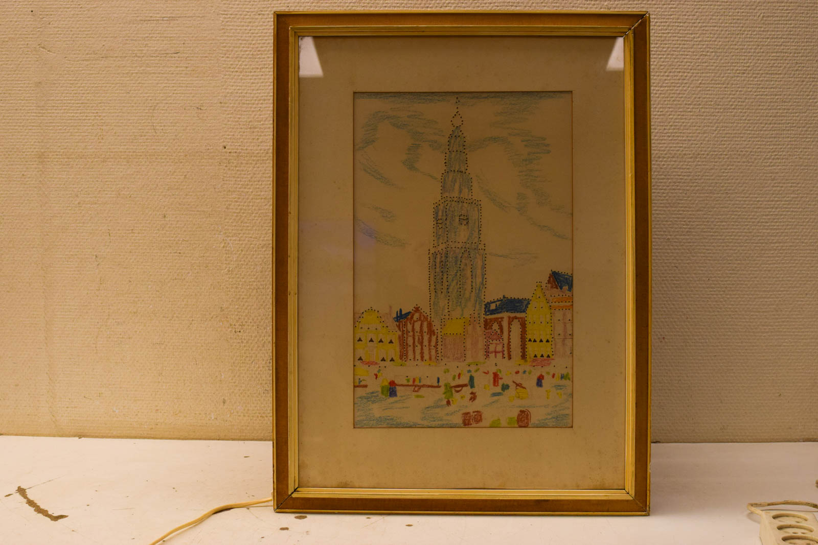 tekening  van de martinitoren met lampjes ingelijst  50669