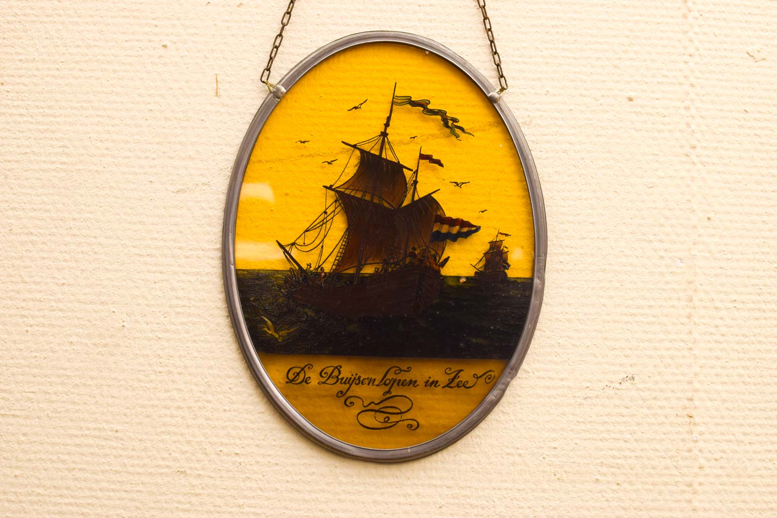 Ovale Glas in lood raam met prent van een Scip 50912