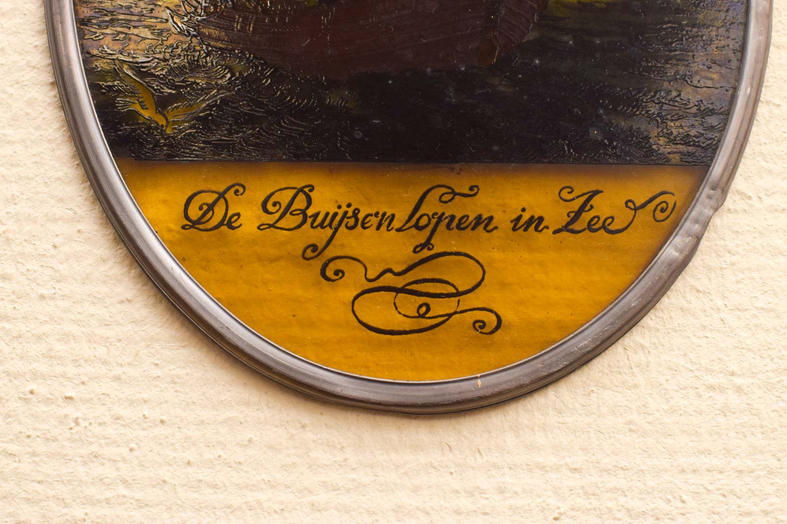 Alternative view of Ovale Glas in lood raam met prent van een Scip 50912