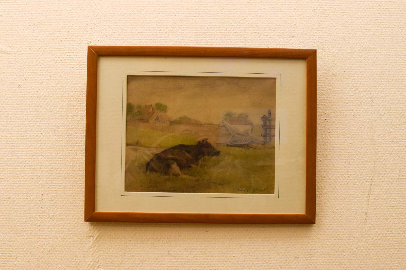 Prent / Tekening van een koe en schaap in de wei 51230